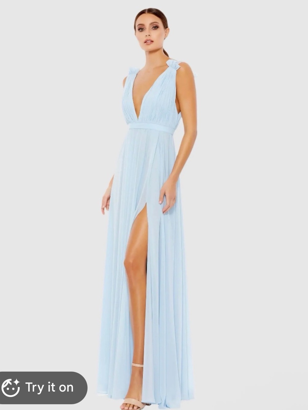 Ieena for Mac Duggal Blue Sleeveless Pleated Chiffon V-neck Gown Size 12